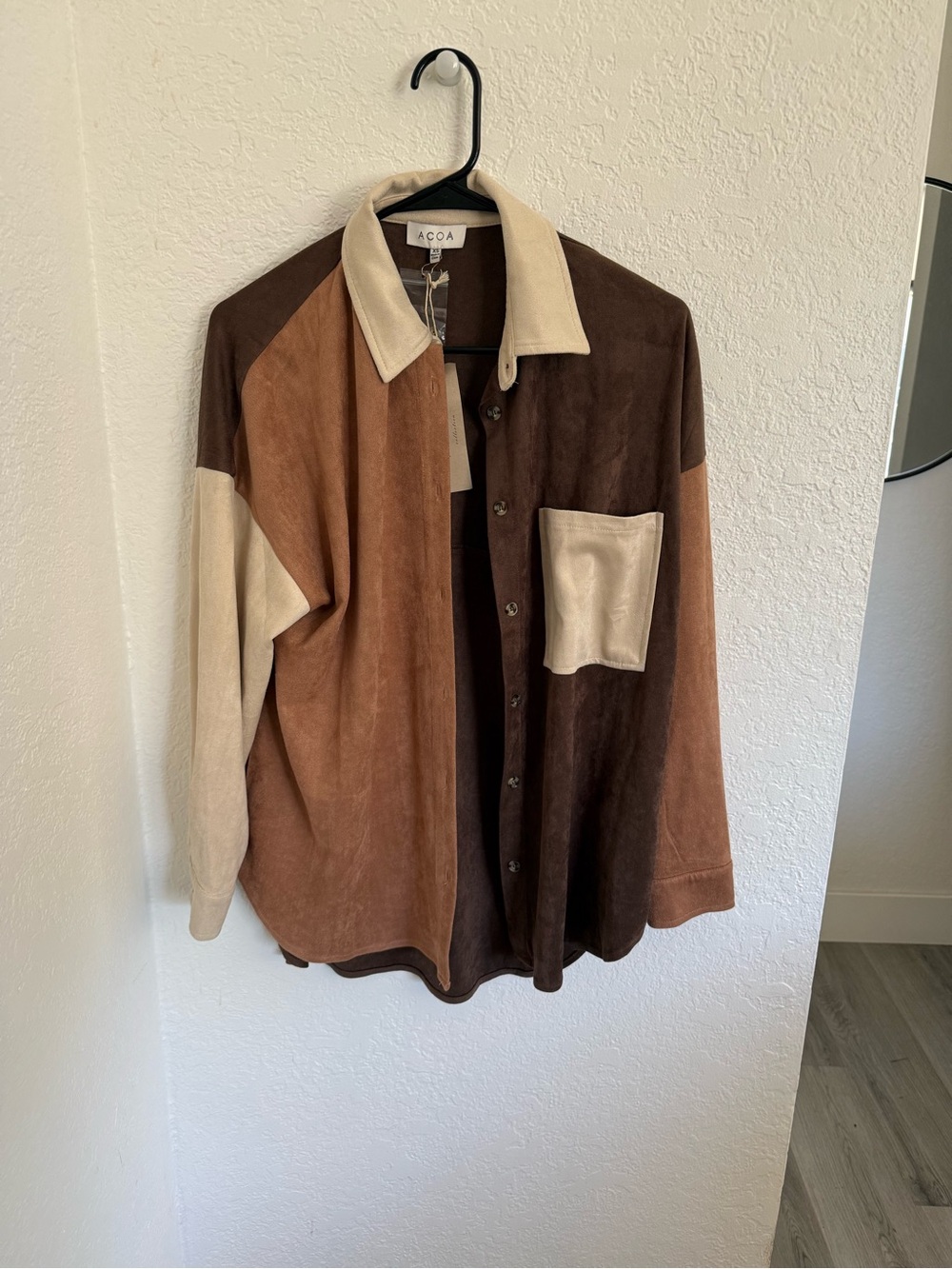 Vici Brown and Cream Suede Colorblock Button-Up Jacket